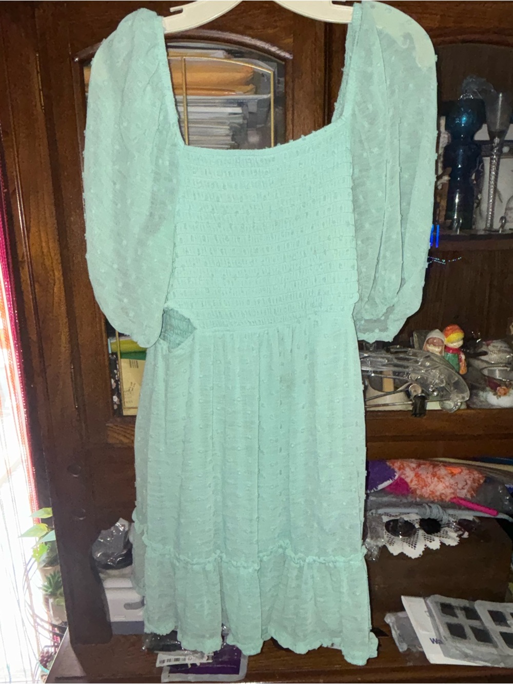 Mint Green Puff-Sleeve Smocked Midi Dress